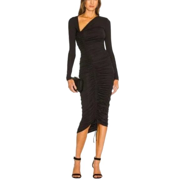 Michael Costello Dresses & Skirts - Michael Costello x Revolve Kylee Ruched Asymmetrical Black Midi Dress NWT